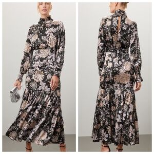 Dea Kudibal Celestina Black Floral Long Sleeve Tiered Maxi Silk Dress - MEDIUM